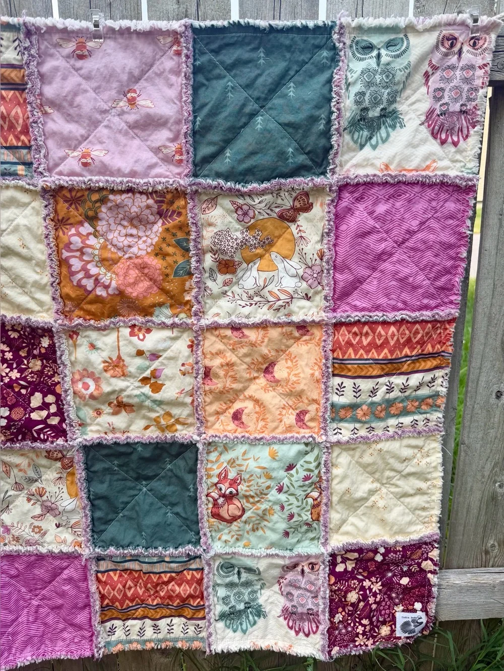 Handmade Woodland Baby Quilt: Patchwork Quilt, Cotton Rag Quilt, Moonlight Bunni